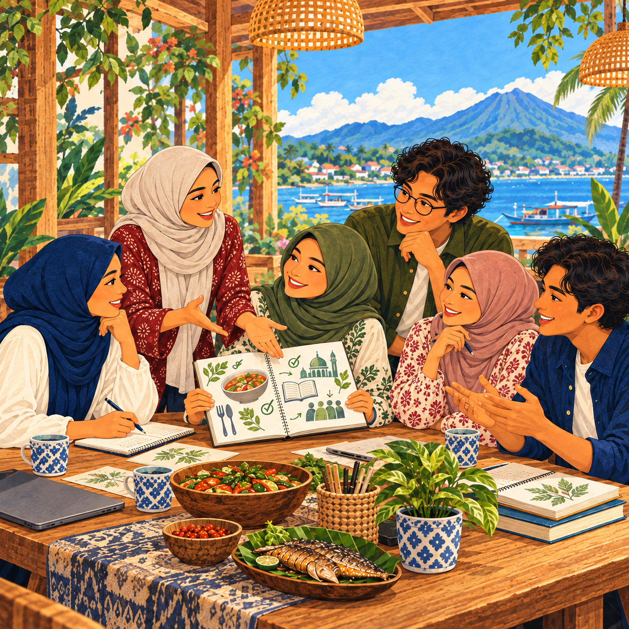 Ilustrasi enam pendiri AYE berdiskusi bersama